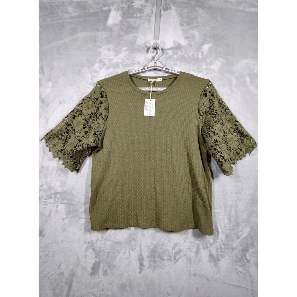 Grace+Emma Olive Green Waffle Knit Top Floral Crochet Lace Sleeve Womens 3XL NEW